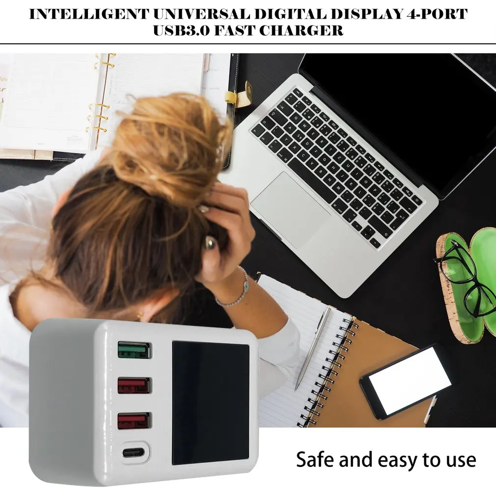 Mobiele Telefoon Oplader 4 Poorten USB Digitale Lcd-scherm смартфон планшет Opladers type-C lader US/EU/UK/AU штекер