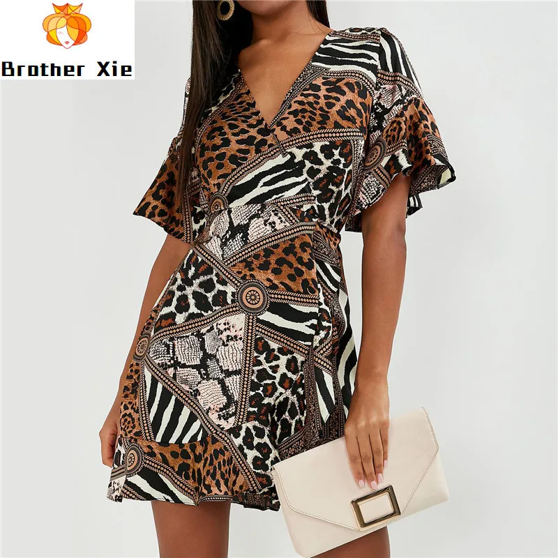 

Summer Dress 2020 Women Sexy Leopard Dress Vintage Beach Dress V-neck Ruffles Elegant Party Dress Sundress Vestidos de fiesta