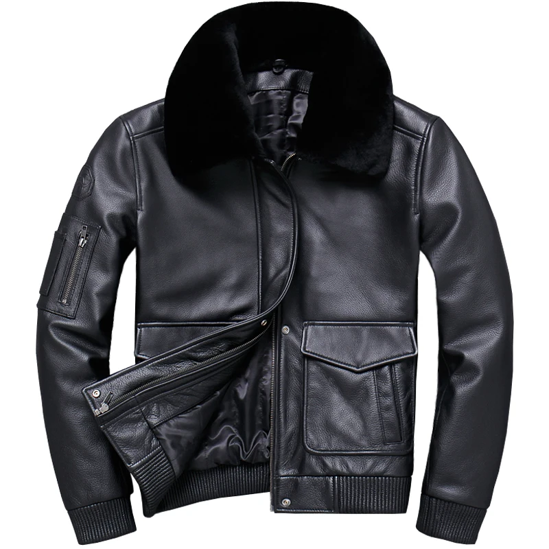 

2020 Black Men USAF Pilot Jacket Large Size XXXL Wool Collar Genuine Cowhide Russian Military Aviator Leather Coat