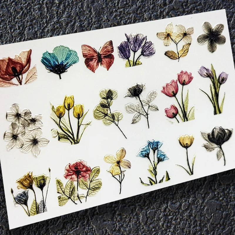

3D Acrylic Engraved Nail Sticker spring colorful flowes butterfly desgin Water Decals Empaistic Nail Water Slide Decals Z0279