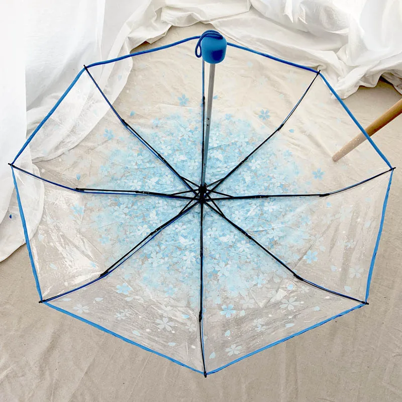 

Creative Cherry Blossom Tri-fold Clear Umbrella Manually Open Windproof and Rainproof Japanese Style Umbrella Rain Women
