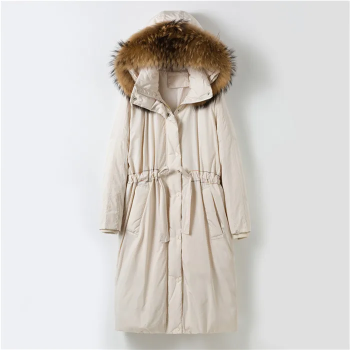 Pudi XM903, Женское зимнее длинное пальто, новая ткань, 90% утиный пух, пояс, большой размер, женская повседневная куртка с воротником из натурального меха енота, парка - Цвет: beige