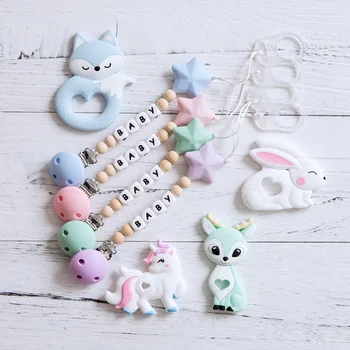 

Silicone Teether Baby Pacifier Chain Personalised DIY Teething Animal Pendent Pacifier Clip Name Star Customized Pacifier Clips