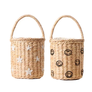 

Fashion Portable Bucket Woven Bag Totes Embroidery Stars Smile Face pineapple Straw Bag Summer Vacation Beach Bag Bohemia Bali