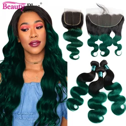 Green Body Wave Bundles With Frontal Ear To Ear Ombre Brazilian Remy Human Hair Weave 3/4 Bundles With 4x4 Lace Closures Sale