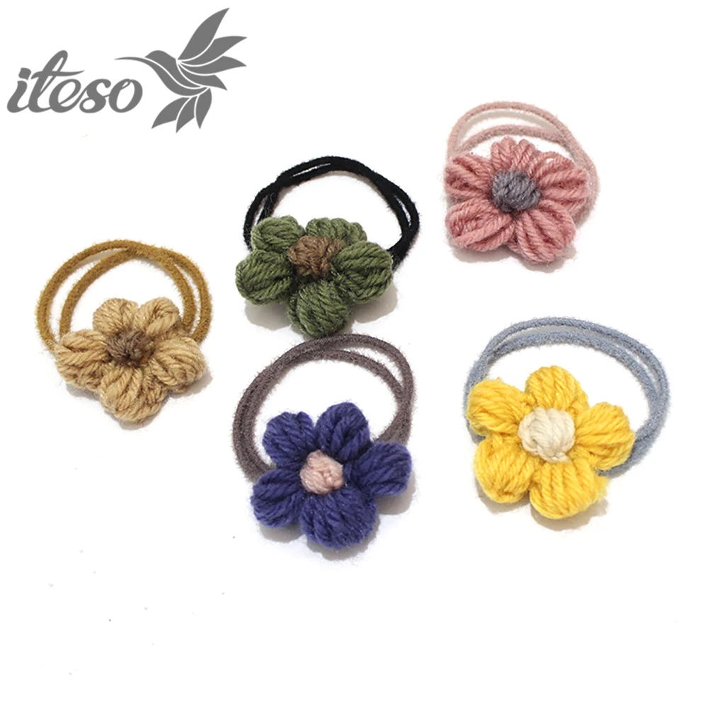 

ITESO 2020 New Winter Wool Elastic Hair Bands Flower Plush Ponytail Holder Headband Rubber Band for women Girls Hair Accessories