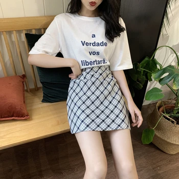 

2020 summer plaid skirt set women 2 pcs outfit letter print t-shirt +High Waist mini skirts fashion casual women Two piece sets