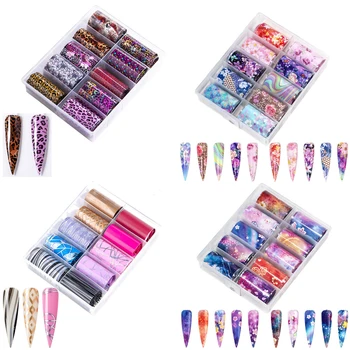 

10Rolls/Box Foil Paper Nail Sticker Sliders Leopard Flower Holographic Transfer Wraps Adhesive Manicure Nail Art Decoration NZ07