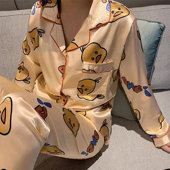 

2020 New Arrival Cartoon Pajama Sets For Women Spring Summer Long Sleeve Silk Pyjamas For Girl Loose Casual Night Sleepwear