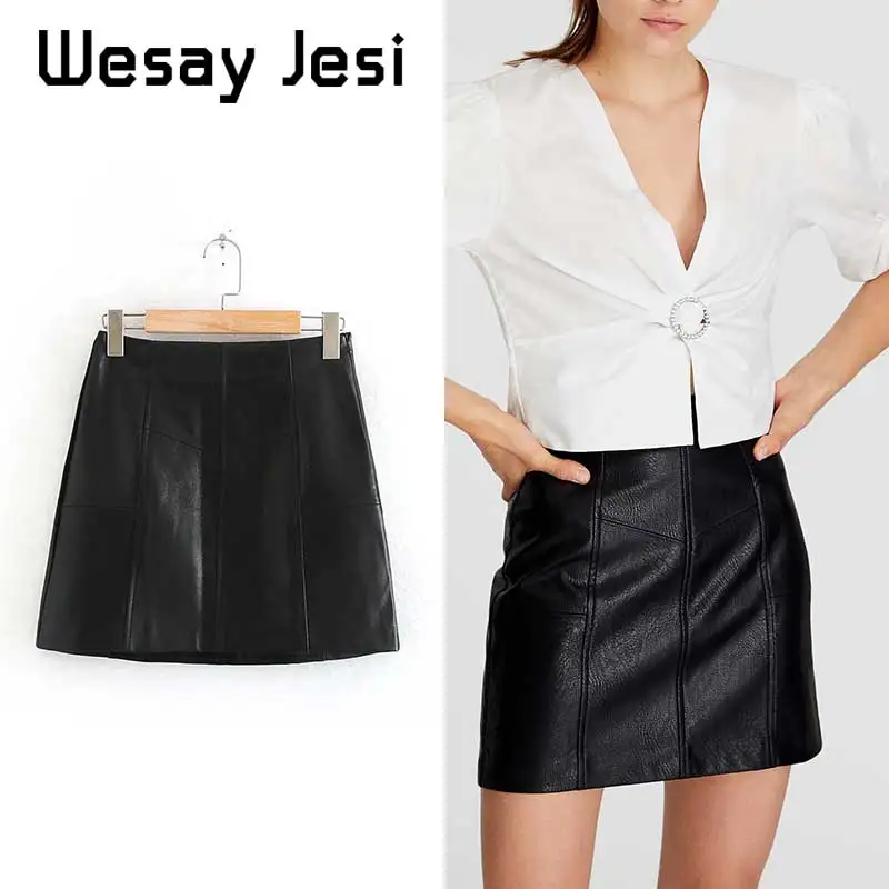 

High Waist Vintage PU Leather Mini Pencil Skirts 2019 Women PU Faux Leather Skirts Retro A-Line Sexy Pu Mini Skirts