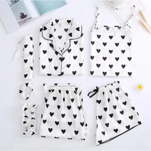 Весенний женский комплект из 7 предметов, шелковый Элегантный пижамный комплект, шорты с принтом, Топ с длинным рукавом, штаны с эластичной резинкой на талии, женская одежда для сна