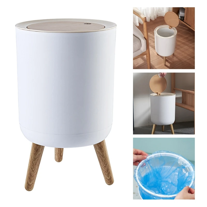Wooden Trash Can With Lid Press Garbage Rubbish Bin High Foot Waste