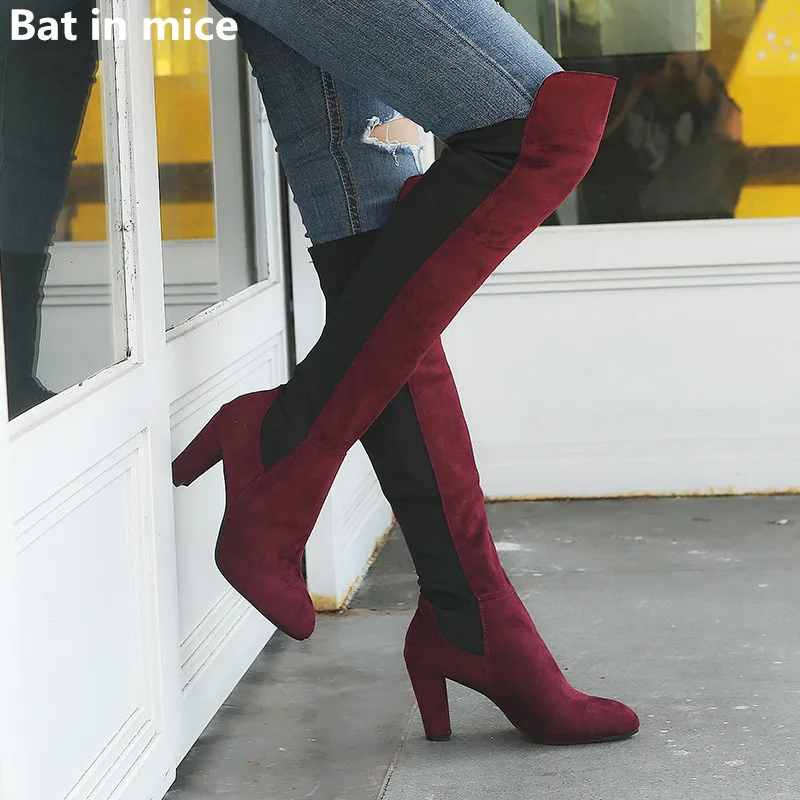 

New women Thigh High Boots women warm Snow Boots stretch Fabric Slip on High Heels dress women Over-the-Knee boots Special price