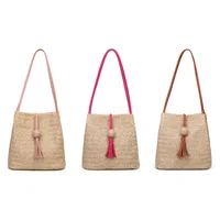 Summer Bucket Bag Fashion Shoulder Straw Wooden Ball Fringe Messenger Bag Best Sale-WT 5