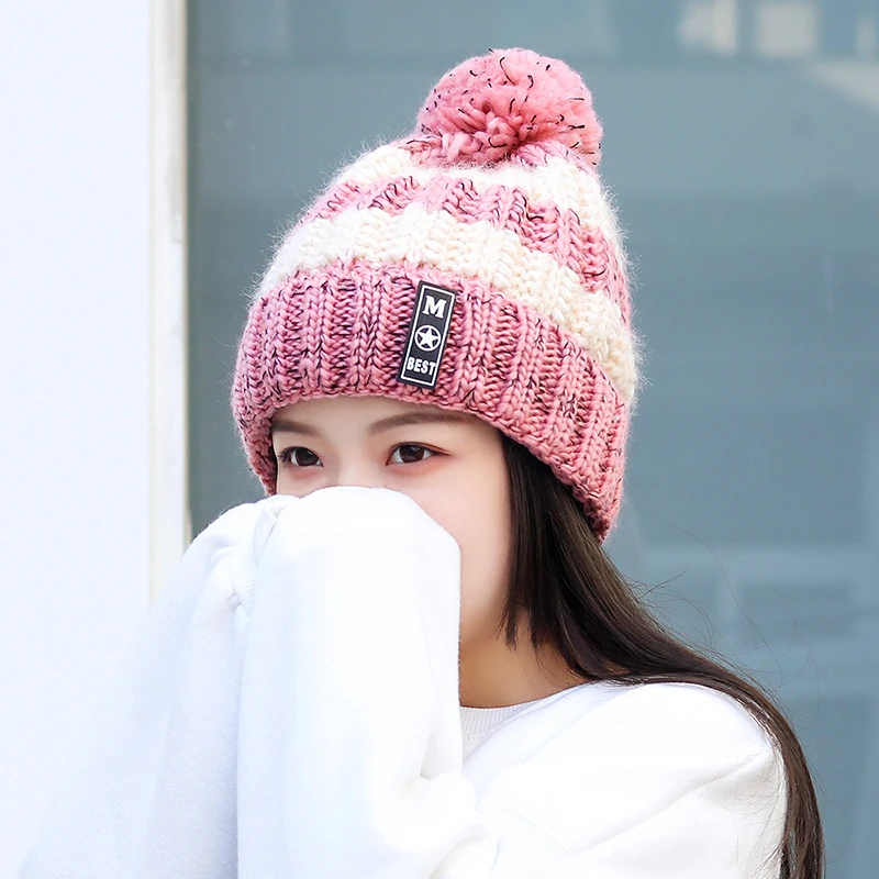 

Yo-Young Women Simple Winter Knitted Hat For Girls Beanie Warm Hat Bobble Ball Pompom Beanies Hats Gorros Female Cap