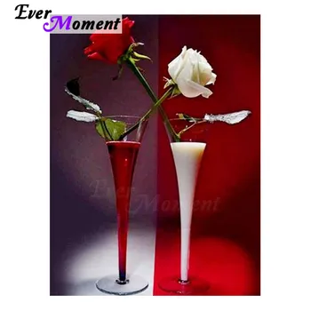

Ever Moment Diamond Embroidery Painting Artistic Red And White Rose In Goblet Mosaic Embroidery Home Decorative Painting 5L077