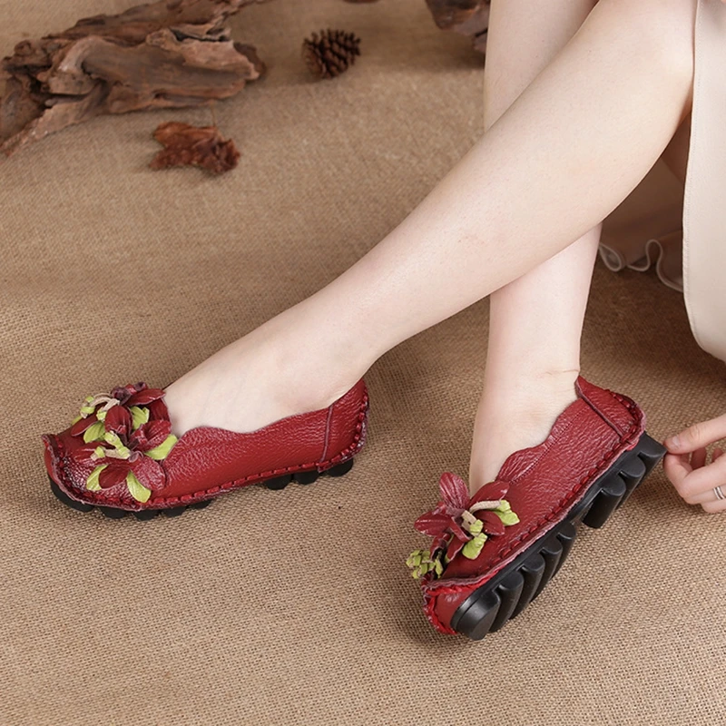 2024 Spring Genuine Leather Handmade Flat Shoes Women Loafers Round Toe Solid Color Flat Shoes Women's Soft Comfortable Shoes