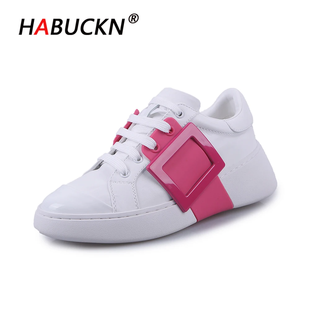 

HABUCKN Genuine Leather Fashion Spring Women Shoes for Walking Casual Sneakers Autumn Flats White Rose Red Color