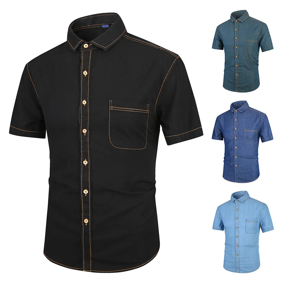 Summer Japanese Style Short Sleeve Cotton Denim Men Shirt Thin Slim Fit Casual Male Button Black Shirts Boys Tops Oversized 4xl | Мужская