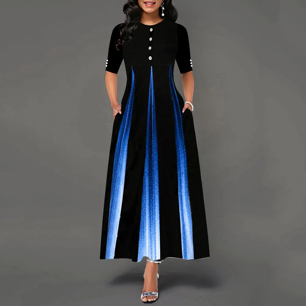 

Contrast Color Prom Party Dress Women Maxi Elegant Black Long Dress Half Sleeve Zipper A-line Office Dress robe femme vestidos