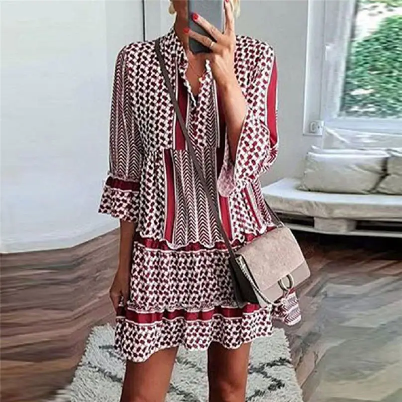 New Fashion Women Casual Autumn Dress 2019 Patchwork Three Quarter Sleeve Ruffles Party Mini Dress платье vestidos 3Y30 (25)