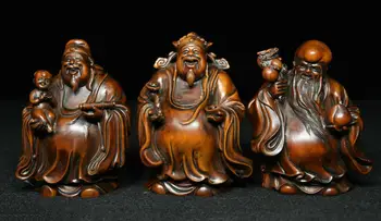 

wedding decoration Chinese Taoism Boxwood Wood Carved 3 Longevity God Fu Lu Shou Life Statue Set