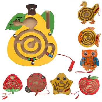 

Children Magnetic Maze Toy Wooden Labyrinth Magnetic Ball Game Cartoon Maze Pen Beads Transport Kids Early Education Toys