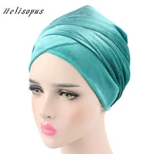 Helisopus Женская мода стиль бархат мусульманский тюрбан длинный хвост кепки сплошной цвет обернутый головной платок шляпа дамы платок
