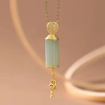 

New silver inlaid natural Hetian white Chalcedony column Pendant Necklace Chinese minority design noble charm women's jewelry