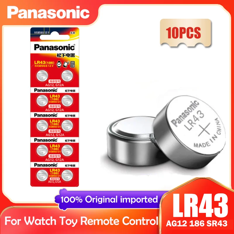 Panasonic-pila alcalina LR43 AG12 186, 1,5 V, 386 SR1142 LR1142 SR43, pila de botón para reloj con calculadora y Control remoto, 10 Uds.