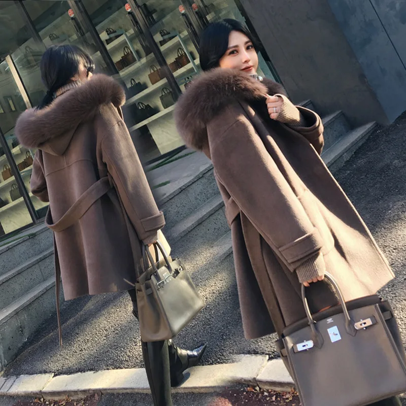 

Autumn and spring 2019 Korean version women's fashion fur collar hooded long wool coat