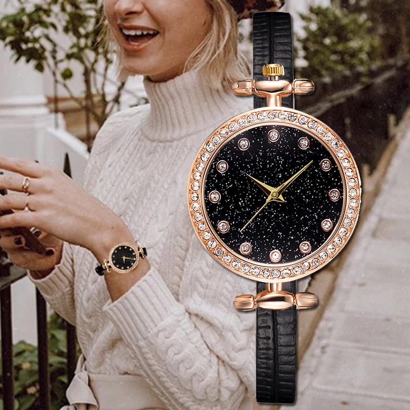 

Disu Brand Vintage Quartz Watches Women Small Leather Dress Wristwatches Simple Rhinestone Bracelet Clock Ladies Dress Watch