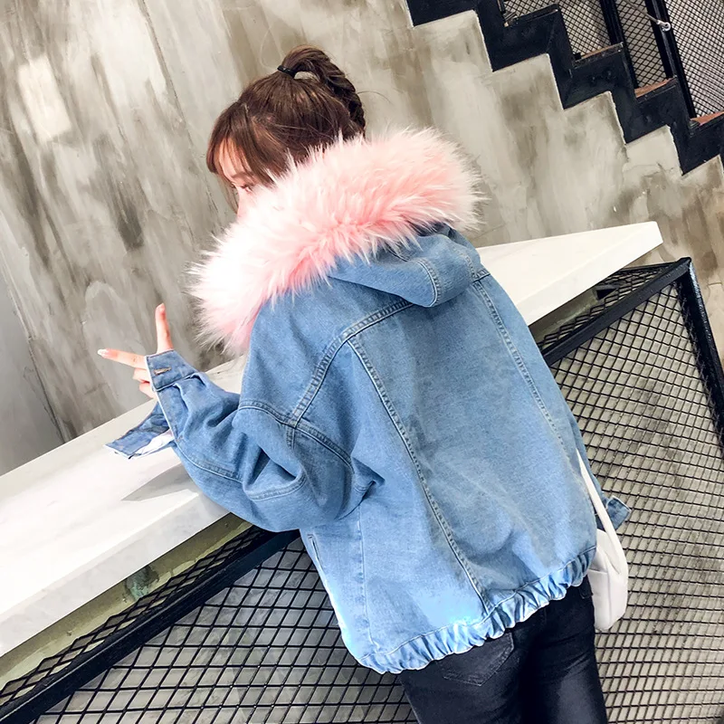 

Photo Shoot 2019 Winter New Style Ultra Large Fur Collar Hooded Faux Rabbit Fur Cowboy Cotton-padded Clothes Women's Thick Coat