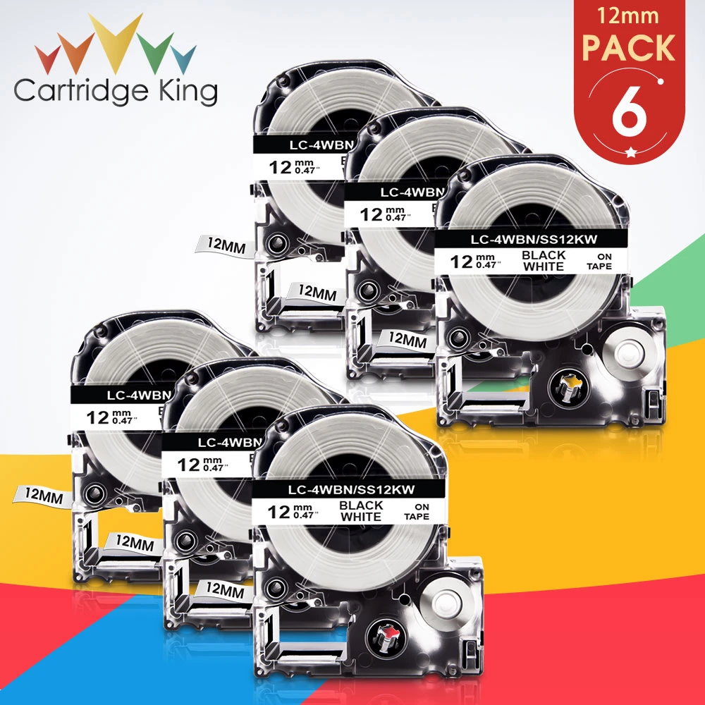 6pk 12mm Label Tape Ss12kw Black On White Lc-4wbn Cartridge Tape ...