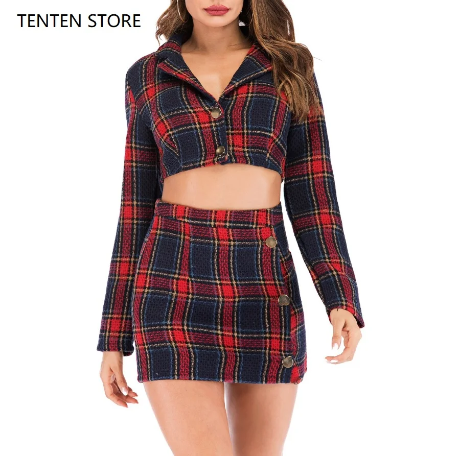 

Fall winter plaid mini skirts with coat set womens high waist a line vintage elegant bodycon skirt with long sleeve jackets sets