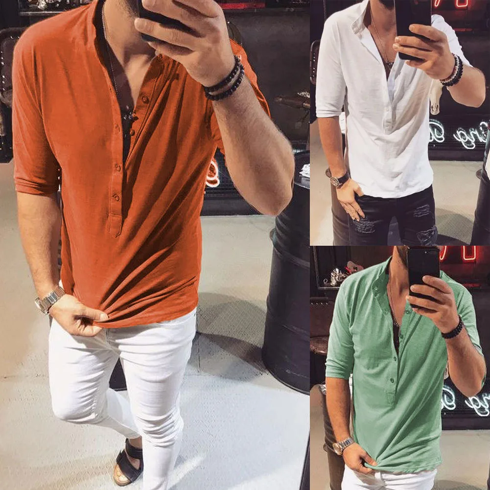 

2020 Men Tee Shirt V-neck Half Sleeve Tee&Tops Stylish Slim Button T-shirt Autumn Casual Retro Solid Male Clothing Cotton