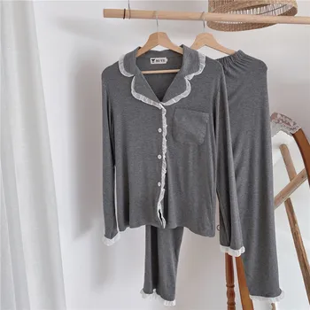 

autumn women pajamas set solid modal cotton soft home clothes gray ruffles long sleeve shirts pants two piece set sleepwear Y125