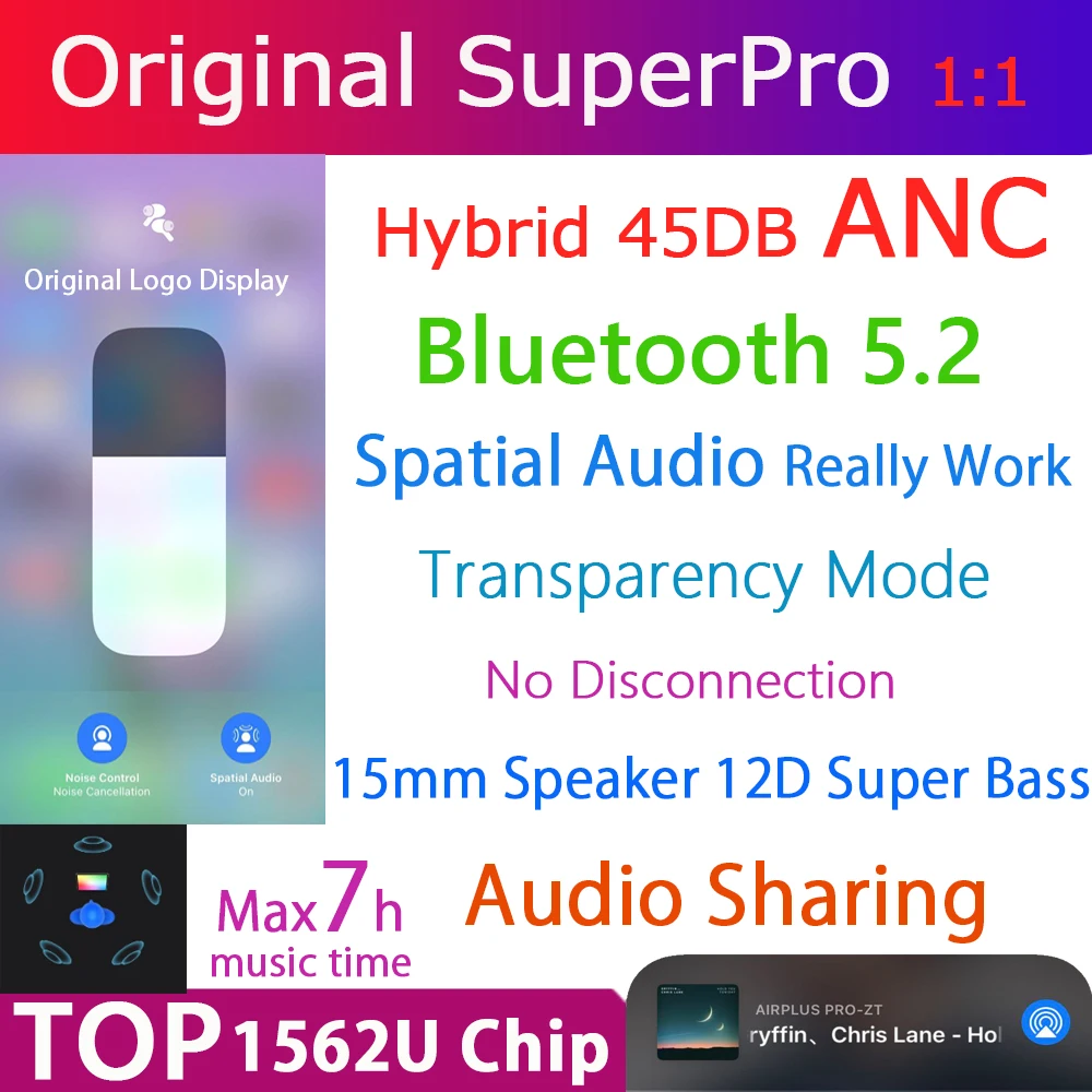 Airoha 1562u superpro tws bluetooth 5.2 fone de ouvido 45db híbrido anc sem fio fones super baixo texto & espacial áudio & áudio compartilhar
