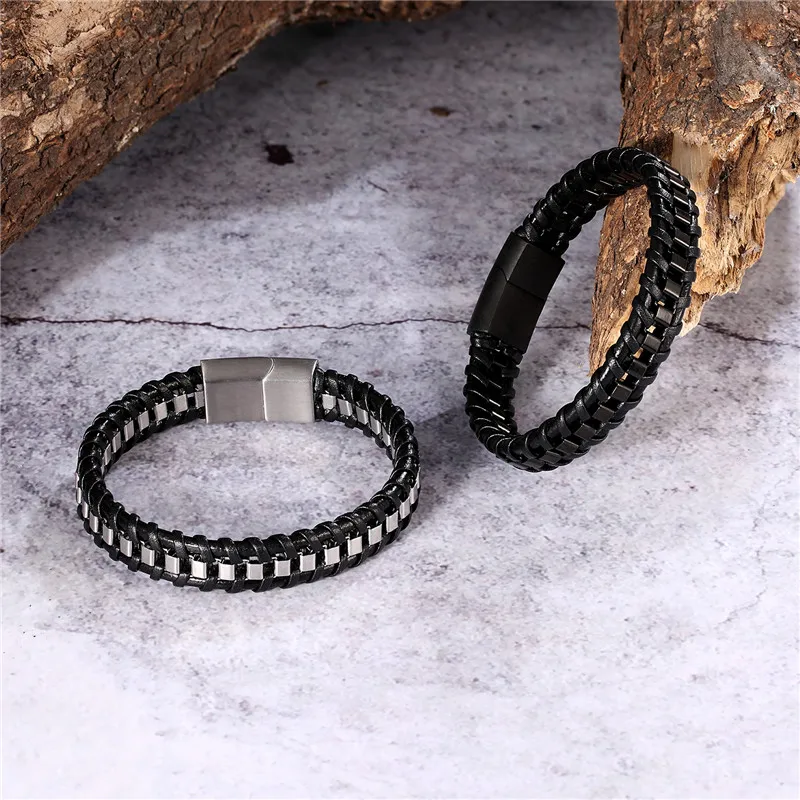 MKENDN Punk Bicycle Chain Titanium Stainless Steel Magnetic Buck Bracelet Men Multilayer Braid Genuine Leather Bracelet Pulseras
