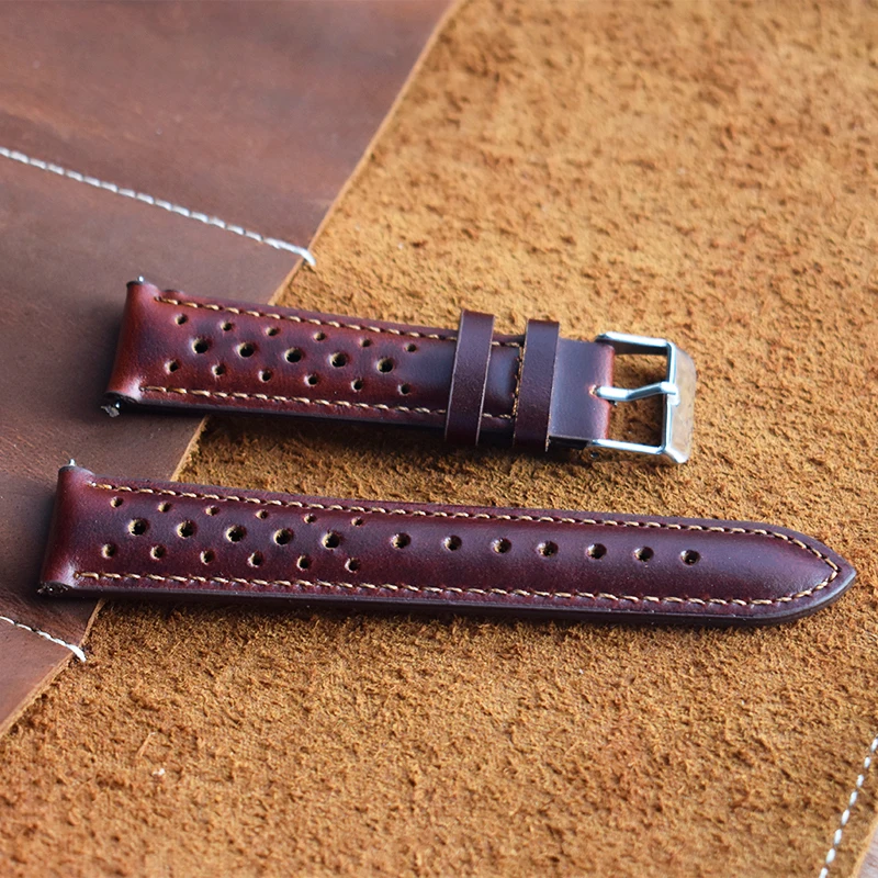 Handcrafted Genuine Leather Brown Porous Breathable Watchstrap with Detailed Stitching