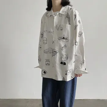 

2020 Women's Blouse Plus Size Blouse White Vintage Graffiti Print Lapel Loose Single-breasted Long Sleeve Blouses