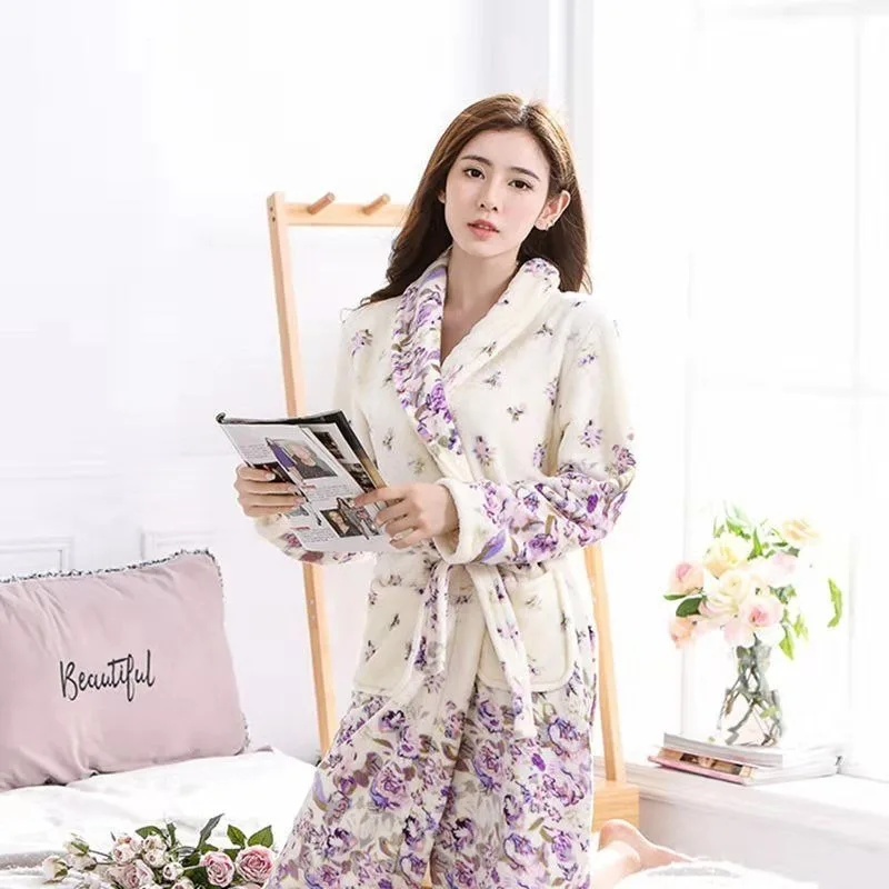 Women Robes Flannel Winter Warm Thickening Homewear Lace Up Print Coral Fleece Soft Comfortable Bathrobe Nightwear Ulzzang Loose