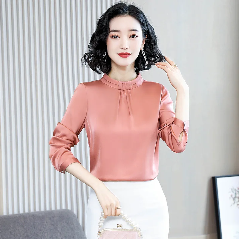 Anqi Pull Effen Kleur Geïmiteerd Zijde Tops Vrouwen 2020 Lente Nieuwe Stijl Lotus Roze Stand Kraag Geplooide Lange mouw Mulber Anqi Pull Effen Kleur Geïmiteerd Zijde Tops Vrouwen 2020 Lente Nieuwe Stijl Lotus Roze Stand Kraag Geplooide Lange mouw Mulber
