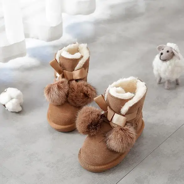 SHUANGGUN New Children Boots For Girls Kids Snow Boots Genuine Sheepskin Leather Natural Fur Warm Winter Shoes#K001