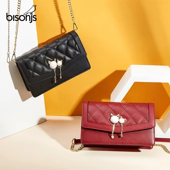 

BISONJS Women Handbag 2020 Fashion Genuine Leather Plaid Chain Shoulder Messenger Bag Cat Hardware Designer Crossbody Bag B1903