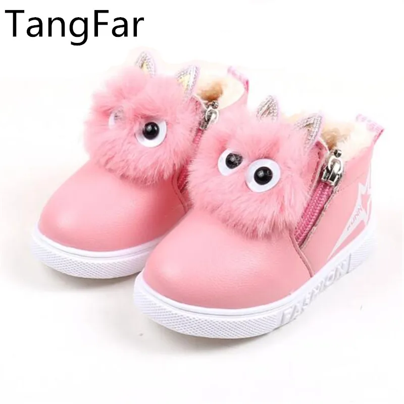 

Girls Cartoon Cat leather Snow Boots For Winter Warm Thicken Fur kids Ankle Boot Cute Zipper Children Shoes