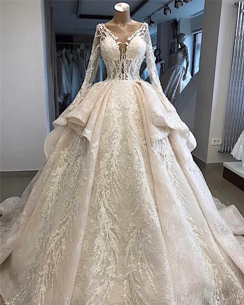 Robe De Mariee Роскошные бисерные кружевные бальные Свадебные платья дизайн с длинными рукавами многоуровневые Свадебные платья Vestido De Noiva