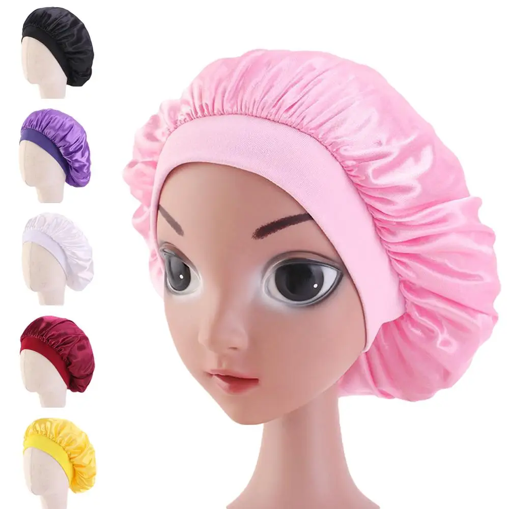Kids Satin Bonnet Cap Solid Color Turban Chemo Hat Girl's Wide Elastic Band Solid Night Sleep Beanies Skullies Chemo Cap Fashion