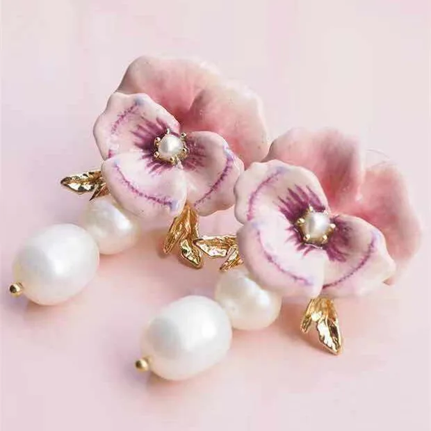 Amybaby, ручная работа, эмалированная глазурь, анютины глазки, цветок, натуральный жемчуг, женские серьги-гвоздики, ювелирные изделия для женщин, вечерние