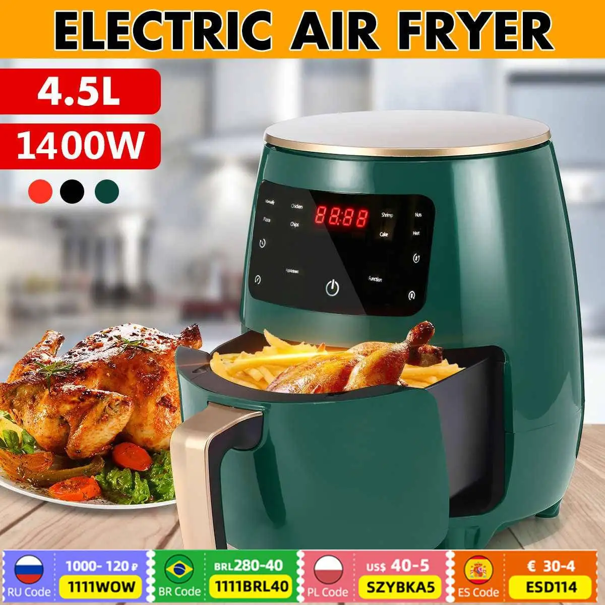 PROD 1005003027057761 1400W 4.5L Multifunction Air Fryer Chicken Oil
free Air Fryer Health Fryer Pizza Cooker Smart Touch LCD Electric Deep
Airfryer